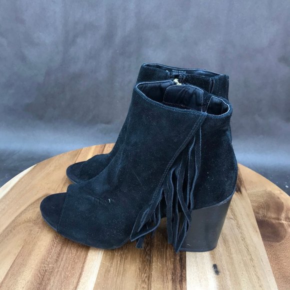 Kenneth Cole Reaction Black Suede Fringe Zip Up Block Heel Peep Toe Booties 8.5 - Picture 3 of 7